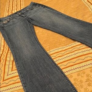 White House Black Market Women's Blue Jeans, rhinestone trim, boot leg, 4L